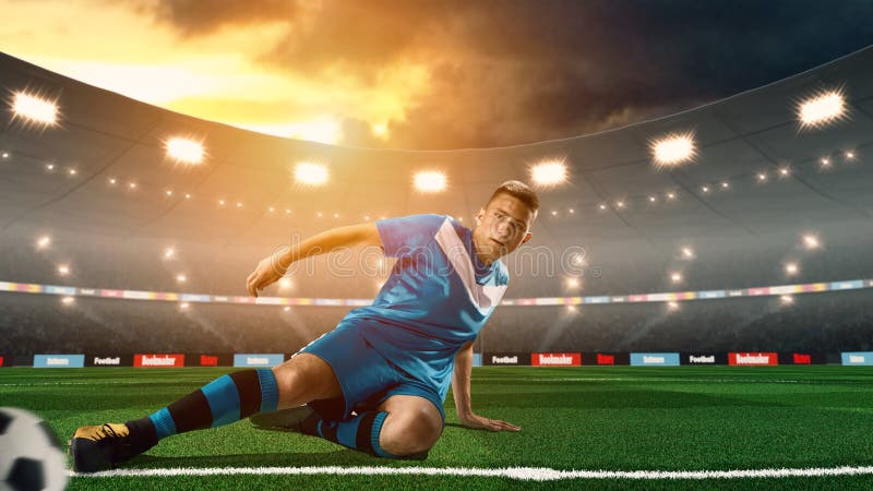 Junger Fußballspieler, der Ball auf Stadion des Fußballs 3D tritt. Fußballspieler, der Ball auf Fußballstadion tritt Menge und Stadion gemacht in 3D