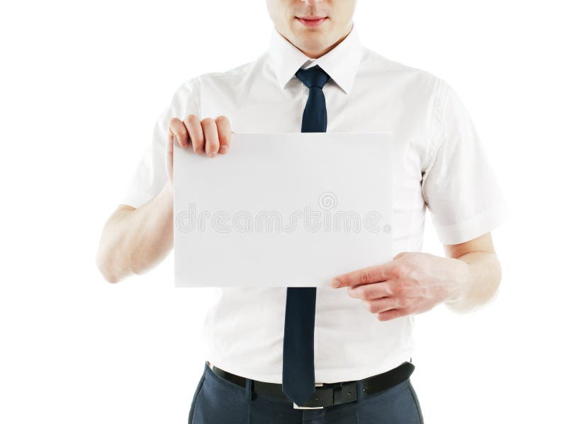 Junger Geschäftsmann, der unbelegte weiße Karte betriebsbereit anhält lizenzfreies stockfoto Junger Geschäftsmann, der unbelegte weiße Karte betriebsbereit anhält lizenzfreies stockfoto