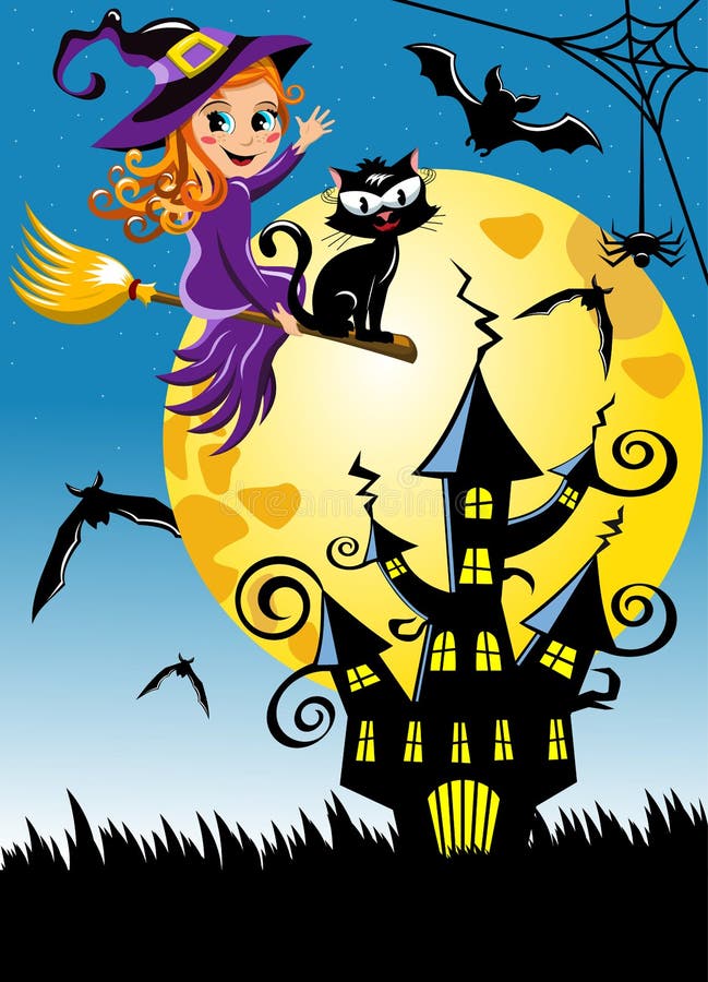 Junger Hexenfliegenbesenhalloween-Nachtvertikalenhintergrund vektor abbildung Junger Hexenfliegenbesenhalloween-Nachtvertikalenhintergrund vektor abbildung