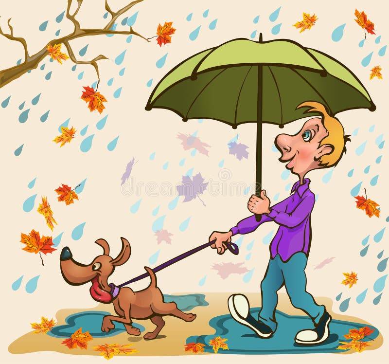 Junger Mann, Der Mit Einem Hund Im Park Im Regen Geht Vektor Abbildung