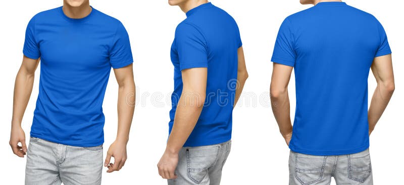 Junger Mann im leeren blauen T-Shirt, Front und hintere Ansicht, lokalisierte weißen Hintergrund Entwerfen Sie Mannt-shirt Schabl lizenzfreies stockfoto