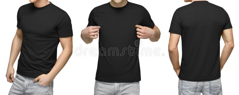 Junger Mann im leeren schwarzen T-Shirt, in der Front und in der hinteren Ansicht, weißer Hintergrund Entwerfen Sie Mannt-shirt S stockfotografie