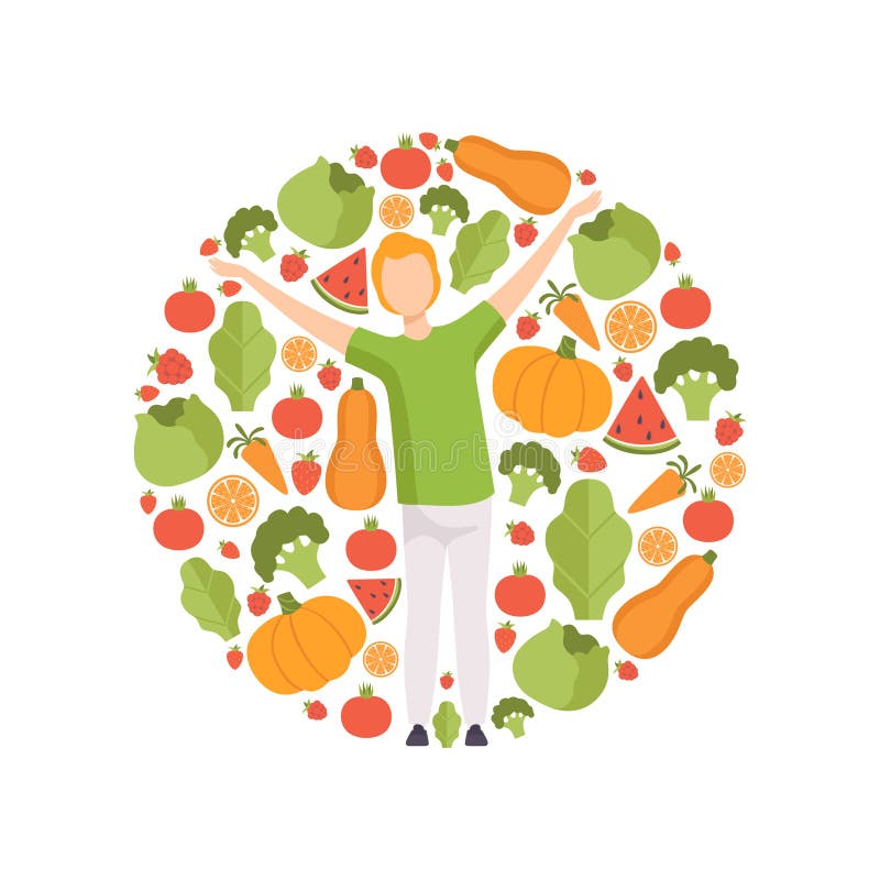 Junger Mann umgeben durch Gemüse und Früchte, gesunde Ernährung, Diät, organische Illustration Vektor des strengen Vegetariers Na lizenzfreie abbildung Junger Mann umgeben durch Gemüse und Früchte, gesunde Ernährung, Diät, organische Illustration Vektor des strengen Vegetariers Na lizenzfreie abbildung