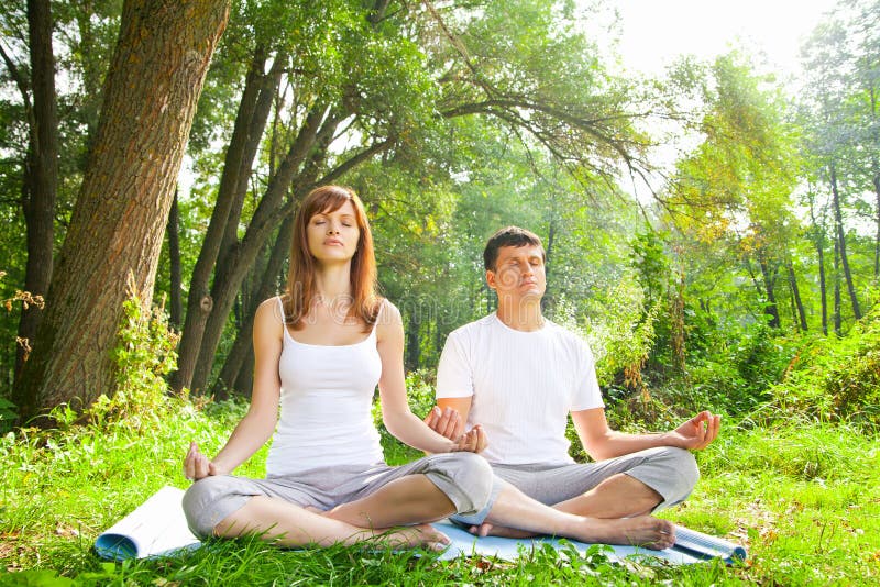 Junger Mann Und Frau, Die Yoga Im Garten Tut Stockfoto