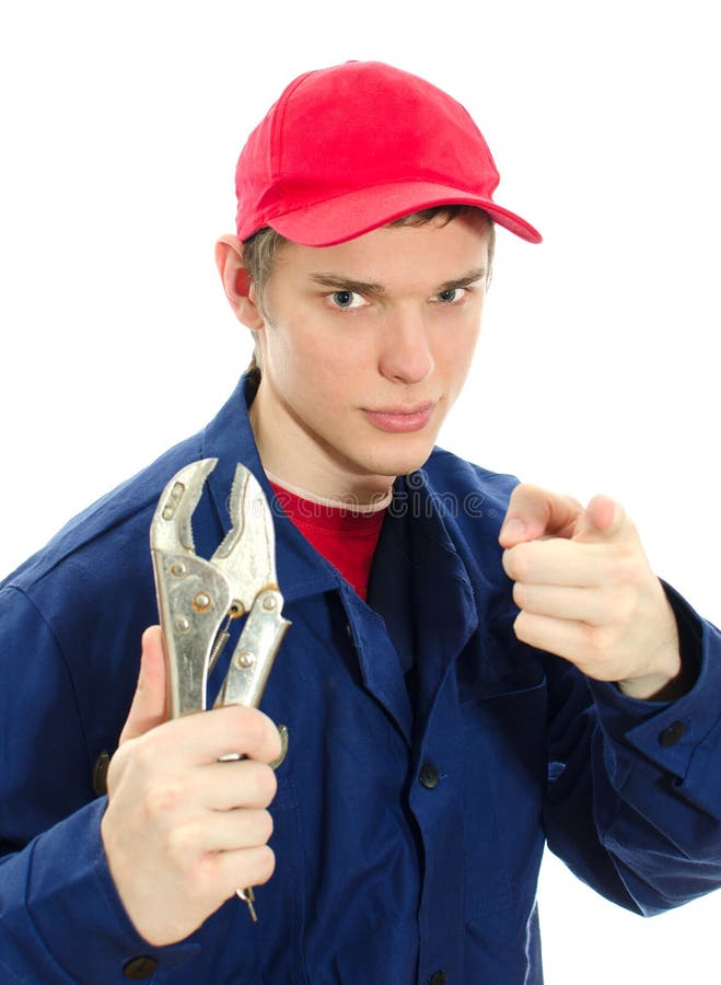 Junger männlicher Klempner in der Uniform lizenzfreie stockfotos Junger männlicher Klempner in der Uniform lizenzfreie stockfotos