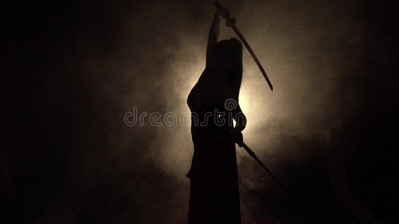 Junger Samurai, den Mädchen in der Dunkelheit, ein gedämpftes Licht steht, hebt ihr Schattenbild, eine Frau hält zwei katanas in