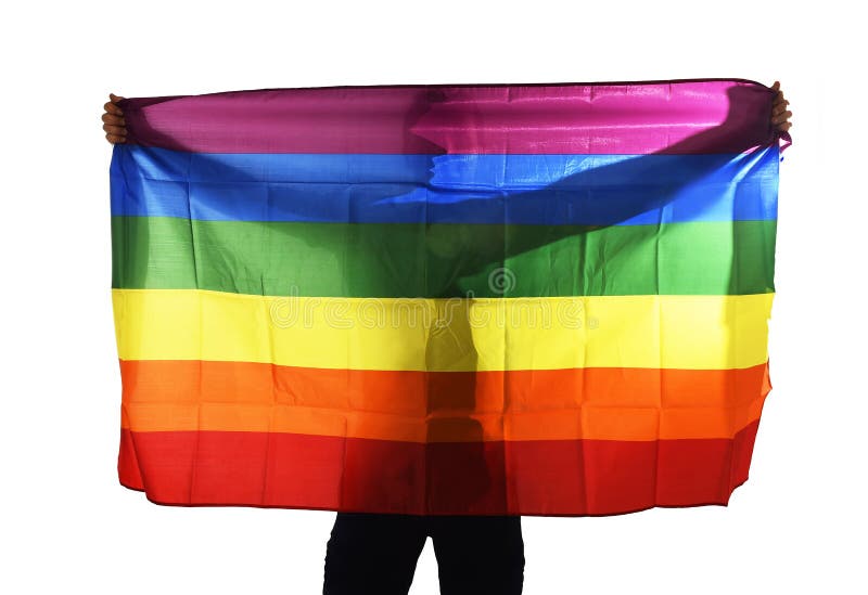 Junger stolzer homosexueller Mann, der homosexuelle Flagge des breiten großen Stolzes mit seinem Schatten hinter dem Stoff verbre stockbild