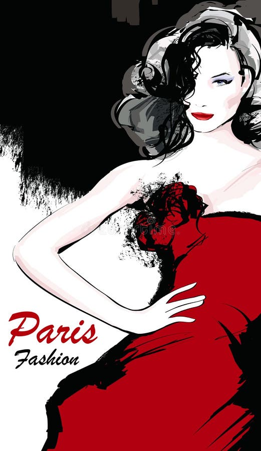 Young pretty fashion model with red dress in Paris - Vector illustration. Young pretty fashion model with red dress in Paris - Vector illustration