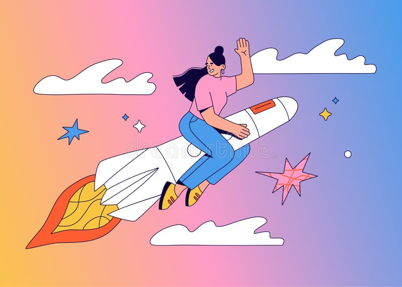 Junges Mädchen, Das Auf Der Rakete am Himmel Fliegt. Ziel