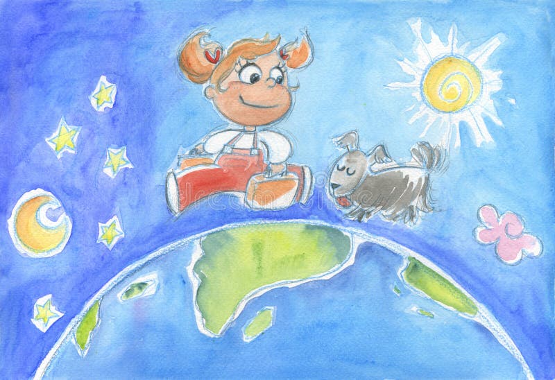 A happy young girl is running around the world with her dog. Hand-painted watercolor. A happy young girl is running around the world with her dog. Hand-painted watercolor.