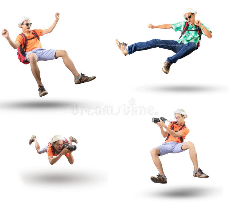 Junges reisendes Mannfliegen mit Glückgefühl auf weißem backg stockbild Junges reisendes Mannfliegen mit Glückgefühl auf weißem backg stockbild
