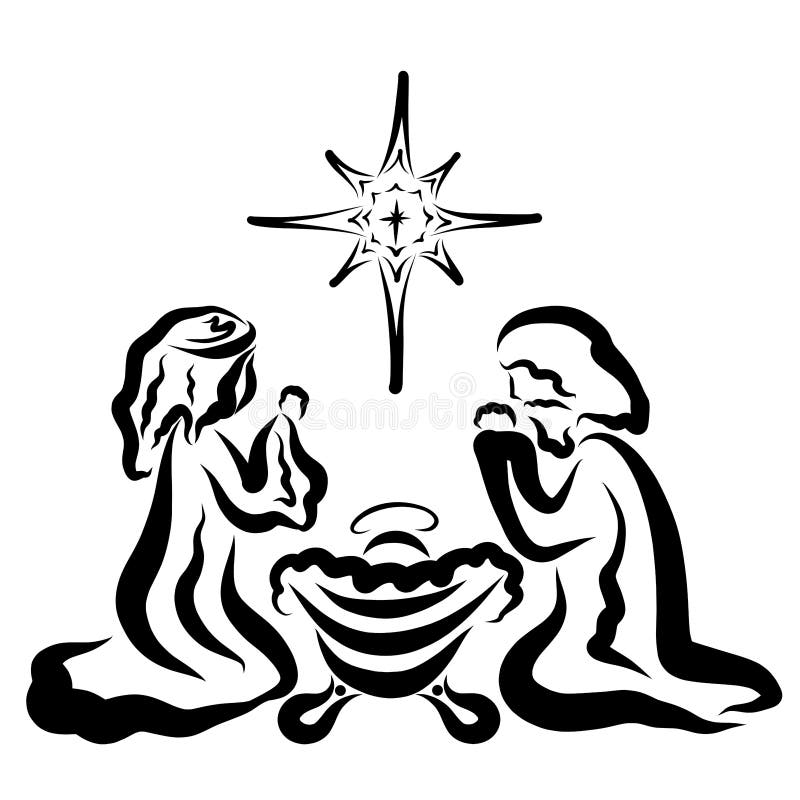 Jungfrau Maria und Joseph knien nahe bei dem schlafenden Baby Jesus, der Weihnachtsstern stock abbildung Jungfrau Maria und Joseph knien nahe bei dem schlafenden Baby Jesus, der Weihnachtsstern stock abbildung