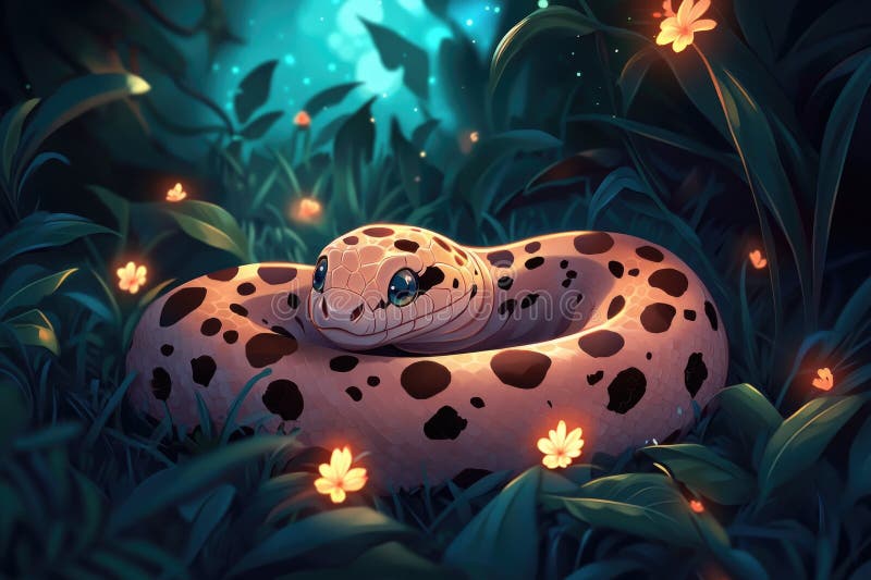 Jungla encantada : serpiente nocturno entre flores brillantes en el bosque místico. 3. º ai.