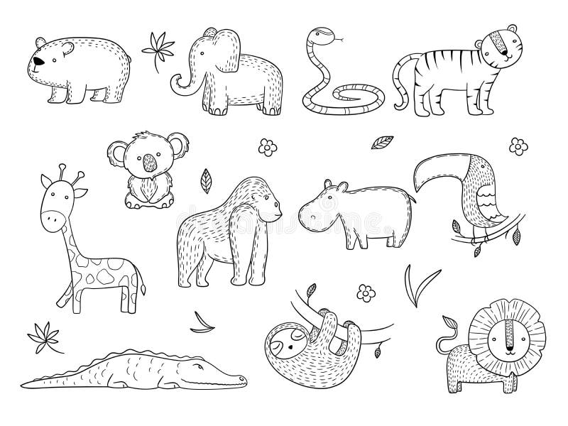 Jungle Animals. African Safari Wildlife Monkey Hippopotamus Tiger Lines Vector Drawing Pictures Stock Vector - Illustration of drawing, collection: 178218167 Jungle Animals. African Safari Wildlife Monkey Hippopotamus Tiger Lines Vector Drawing Pictures Stock Vector - Illustration of drawing, collection: 178218167