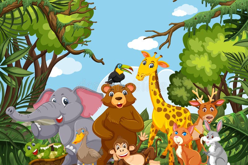 Jungle animals in natue scene