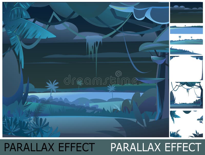 Jungle Dense thickets. View from Tropical Dark night forest panorama. Image from layers for overlay with parallax effect stock illustration