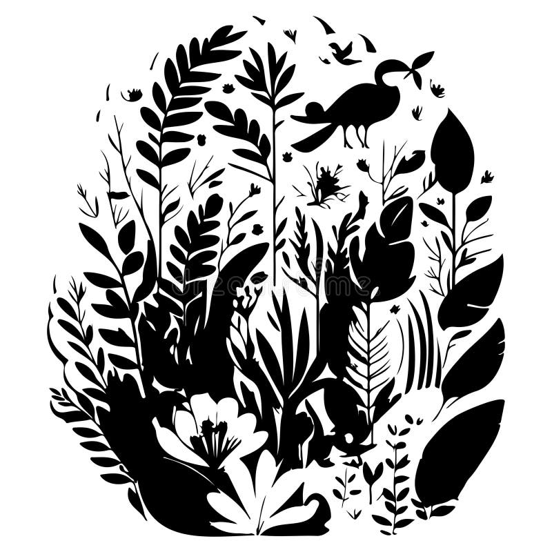 Jungle Flowers Exotic Plants and Animals Illustration Draw Stock Vector