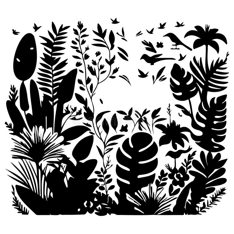 Jungle Flowers Exotic Plants and Animals Illustration Draw Stock Vector