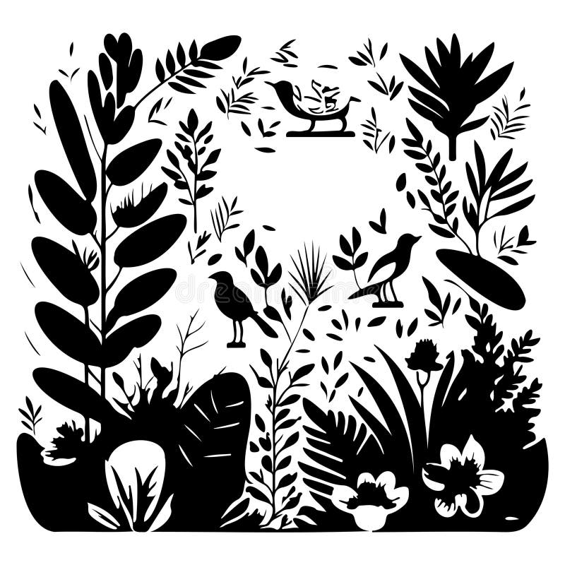 Jungle Flowers Exotic Plants and Animals Illustration Draw Stock Vector
