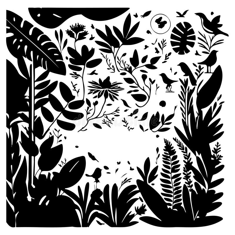 Jungle Flowers Exotic Plants and Animals Illustration Draw Stock Vector