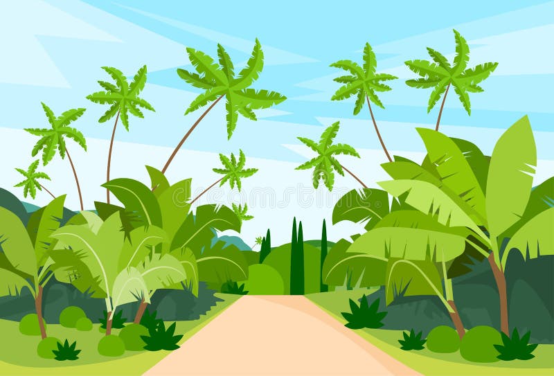La jungla Bosque verde carreteras El camino a cielo azul ilustraciones.