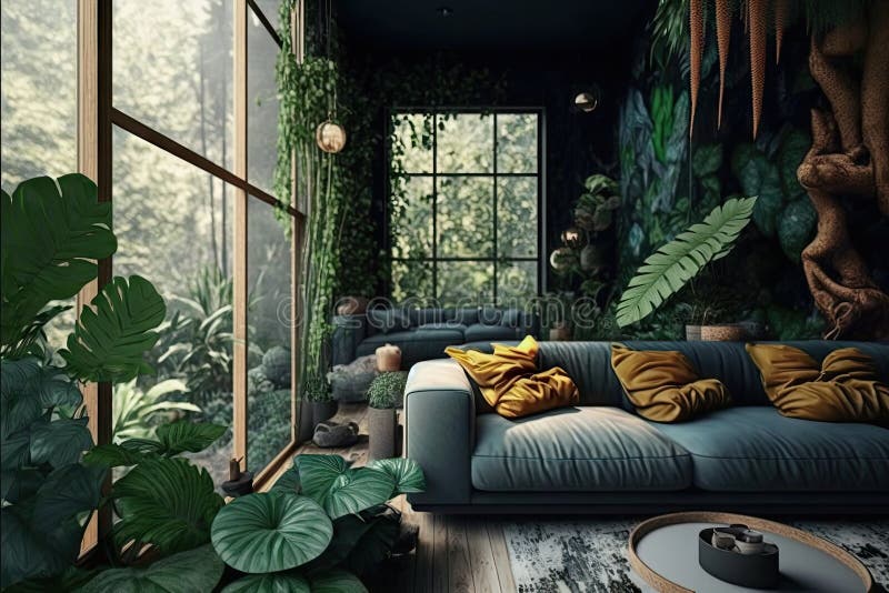 Jungle Interior Design in Modern House with Tropical Plants Stock