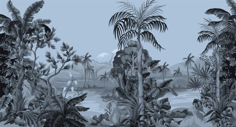 Jungle landscape with river and palms. Interior print mural. royalty free illustration