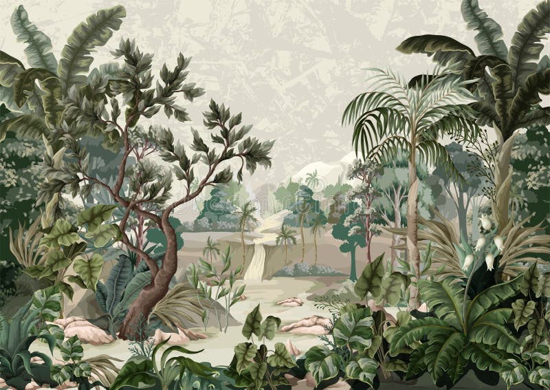 Jungle landscape with river and palms. Interior print mural. vector illustration