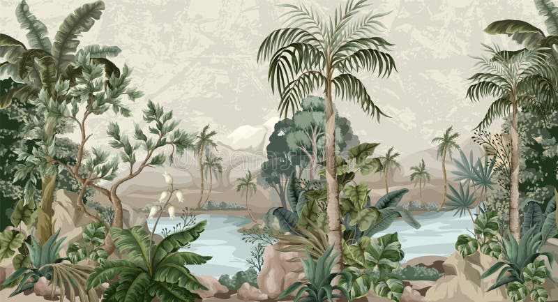 Jungle landscape with river and palms. Interior print mural. vector illustration