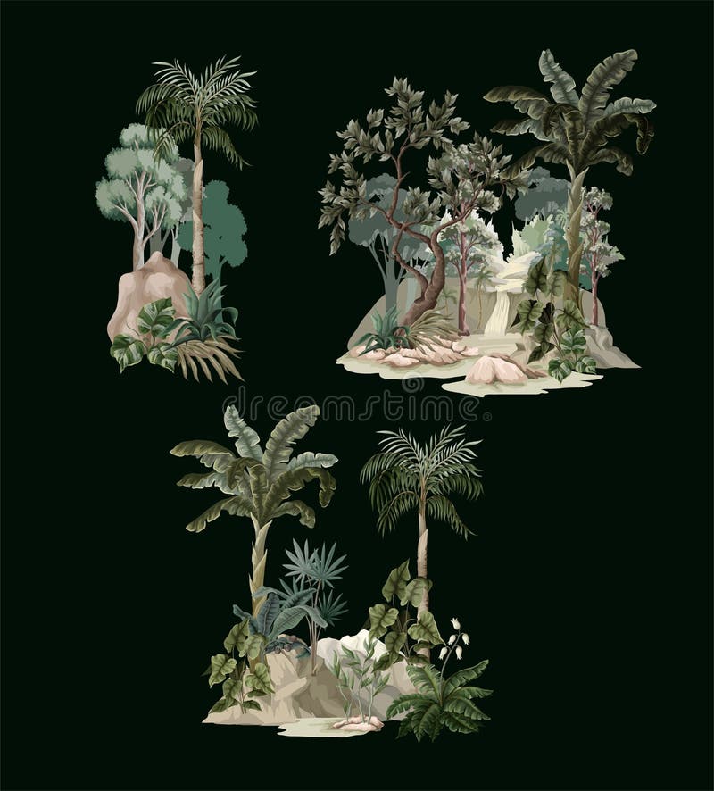 Jungle landscape with river and palms. Vector. royalty free illustration