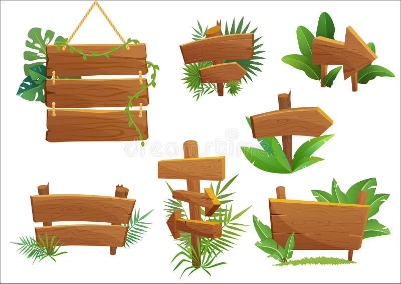 Jungle rainforest wood sign with tropical leaves with space for text. Cartoon game vector illustration. vector illustration