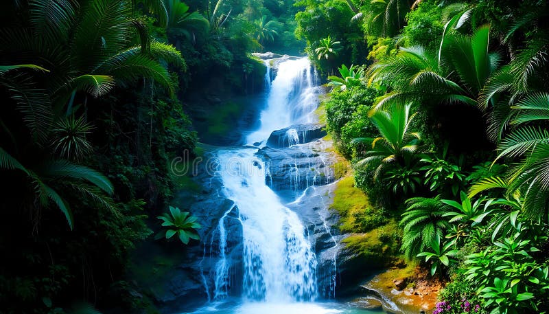 Jungle waterfall cascade, tropical rainforest, nature\'s beauty, exotic destination. Stock Photo, Generative AI vector illustration