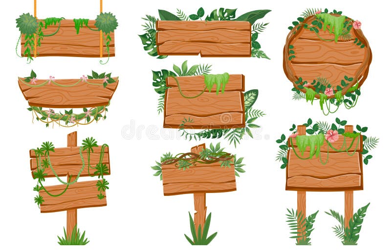 Jungle wooden signboards. Wood board with tropic leaves, moss and liana plants for game ui. Cartoon rainforest road