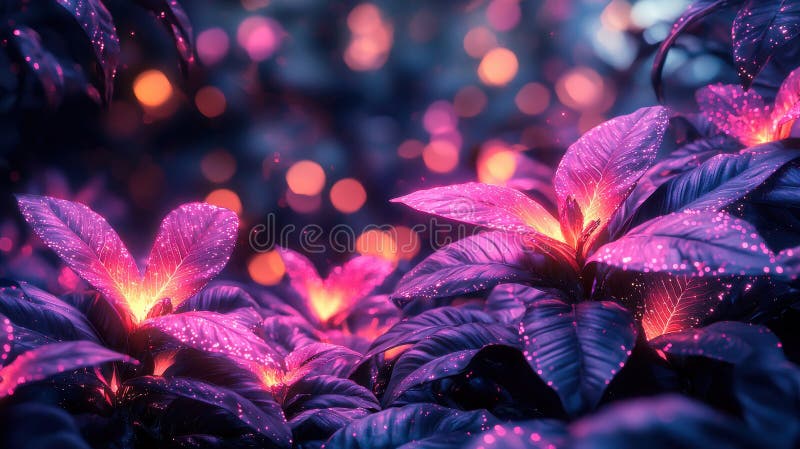 Junglă bioluminiscentă vibrantă cu frunze strălucitoare și lumini colorate royalty free stock photos