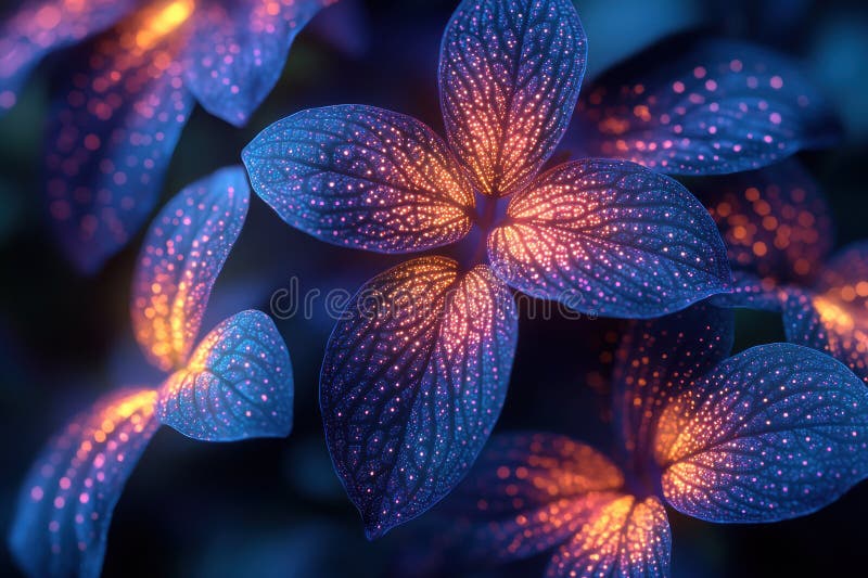 Junglă bioluminiscentă vibrantă cu frunze strălucitoare și modele complexe stock image