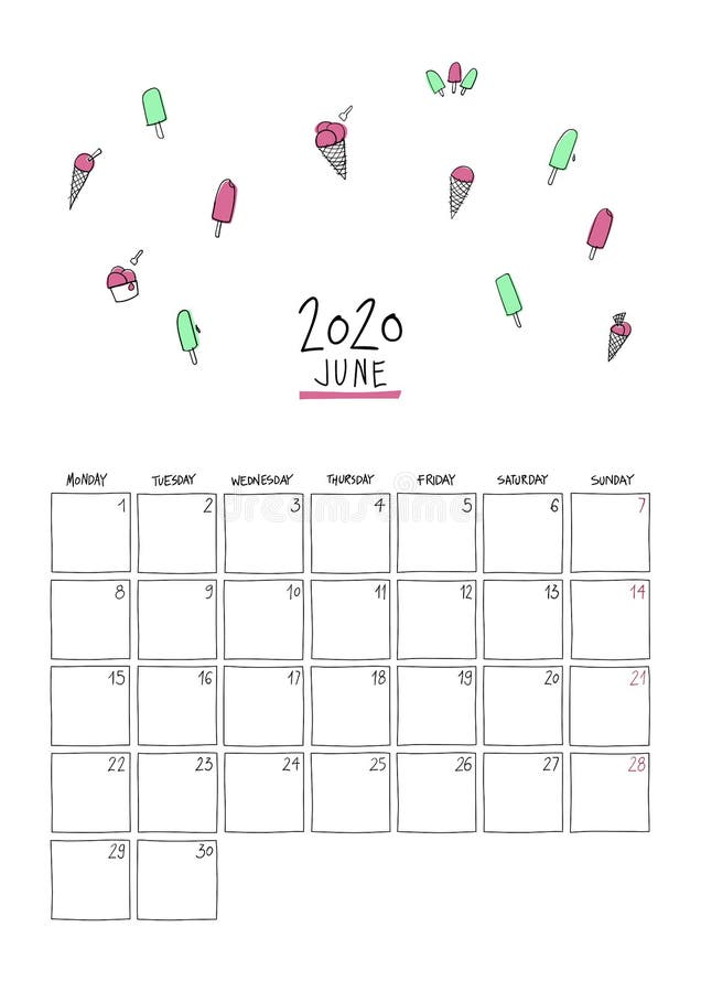 Juni 2020 kalender voor doedels stock illustratie Juni 2020 kalender voor doedels stock illustratie