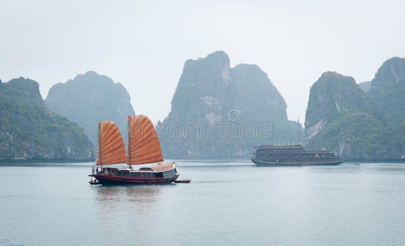 A junk sails through Halong Bay