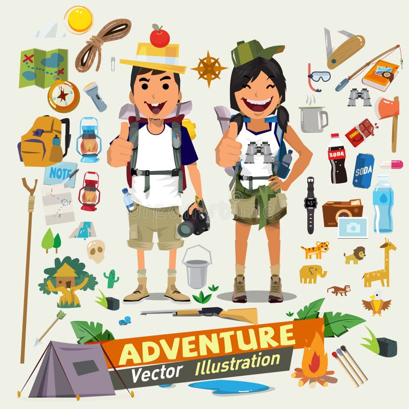 Junte el diseño de carácter de la aventura con el equipo survial del icono Adventu ilustración del vector Junte el diseño de carácter de la aventura con el equipo survial del icono Adventu ilustración del vector