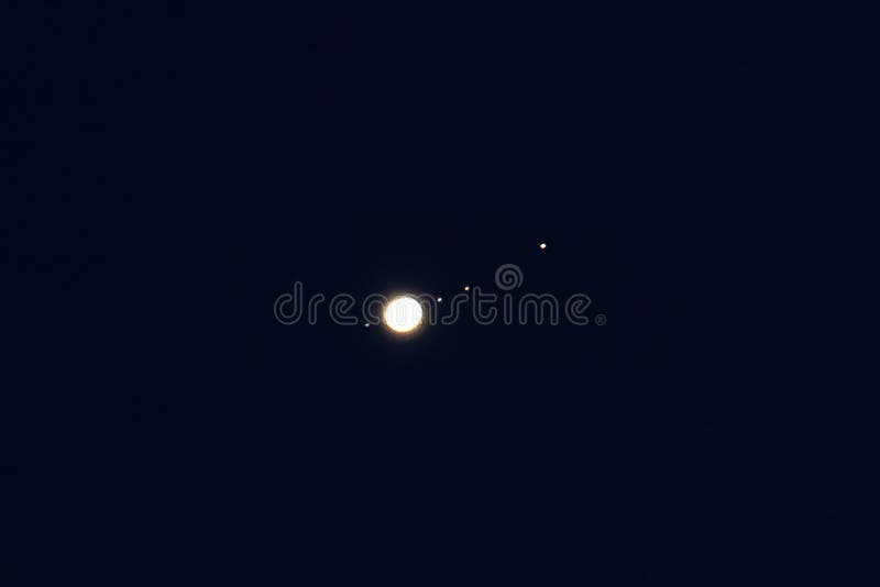 Jupiter planet with moons satellites Europa, Io, Ganymede, Callisto on night sky