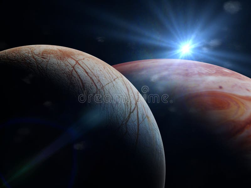 Jupiter`s moon Europa in front of the planet Jupiter