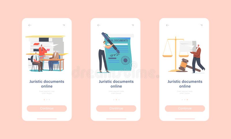 Juristic Docs, Notary Professional Service Mobile App Page Onboard Screen Template. Characters Visit Lawyer Office