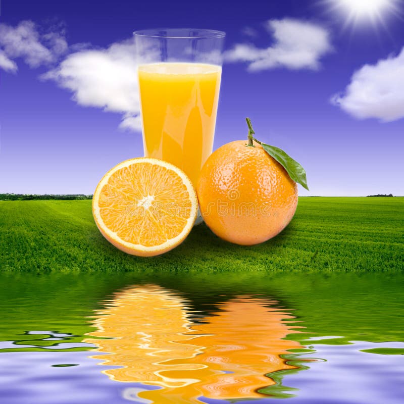 Orange juice background of water and sky. Orange juice background of water and sky