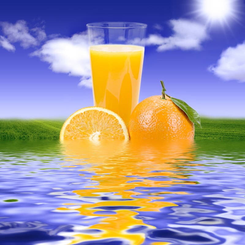 Orange juice background of water and sky. Orange juice background of water and sky
