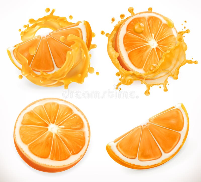 Jus d'orange Le fruit frais et éclabousse Ensemble d'icône de vecteur