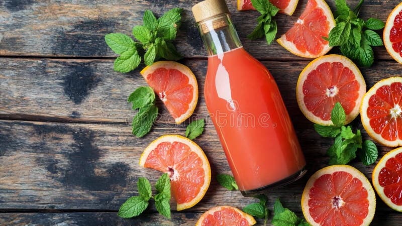 Jus de fruits frais pressé à la menthe et pamplemousse disposés sur une table en bois rustique pour une boisson rafraîchissante en illustration libre de droits