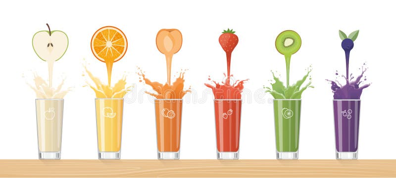 Jus frais versant des fruits colorés illustration libre de droits Jus frais versant des fruits colorés illustration libre de droits