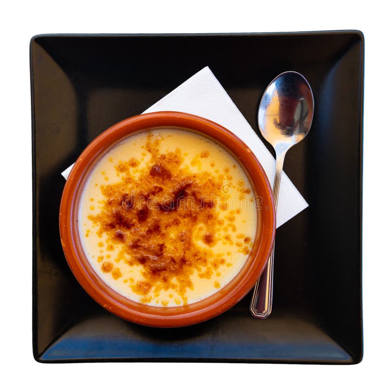 Just Cooked Burned Cream, Creme Brulee, Served in Ramekin Stock Photo