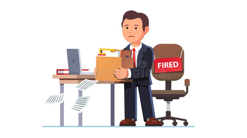 Employee man fired from job holding a box of personal belongings.  Unemployment, economic crisis, economic downturn, jobless, vector  illustration dismissed 9537506 Vector Art at Vecteezy