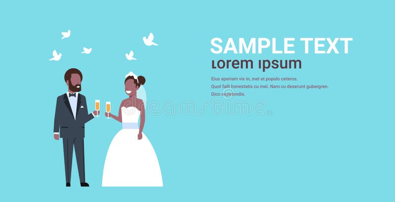 Just married african american couple standing together bride and groom holding champagne glasses wedding day concept stock illustration Just married african american couple standing together bride and groom holding champagne glasses wedding day concept stock illustration