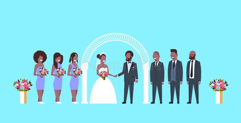 Just married bride and groom with african american bridesmaids groomsmen standing together near arch wedding ceremony stock illustration Just married bride and groom with african american bridesmaids groomsmen standing together near arch wedding ceremony stock illustration